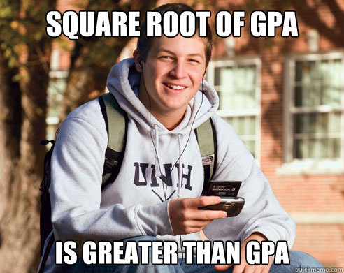 Square root of GPA
 is greater than GPA  College Freshman