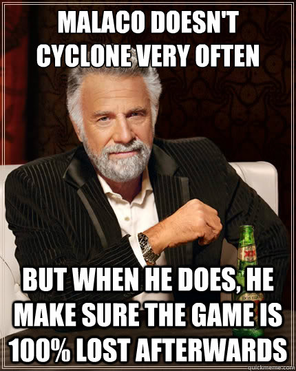 Malaco doesn't cyclone very often but when he does, he make sure the game is 100% lost afterwards - Malaco doesn't cyclone very often but when he does, he make sure the game is 100% lost afterwards  The Most Interesting Man In The World