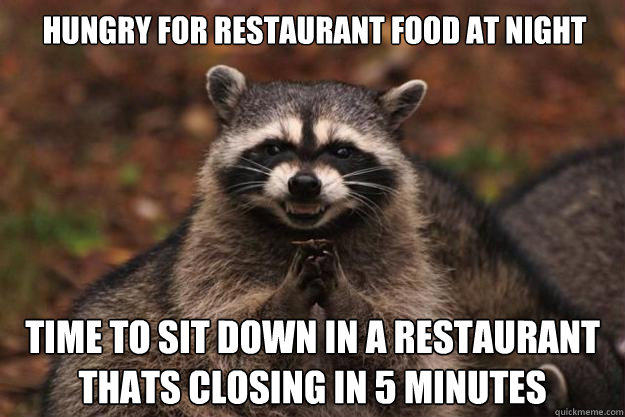 Hungry for restaurant food at night Time to sit down in a restaurant thats closing in 5 minutes  Evil Plotting Raccoon