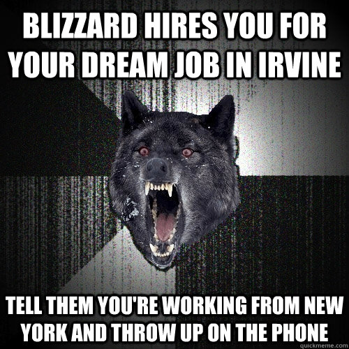 blizzard hires you for your dream job in irvine tell them you're working from new york and throw up on the phone  Insanity Wolf