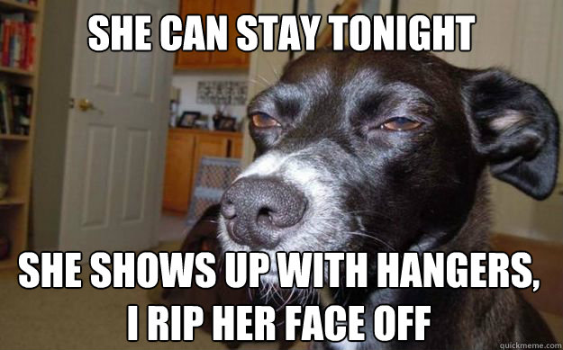 she can stay tonight she shows up with hangers, i rip her face off  Skeptical Mutt