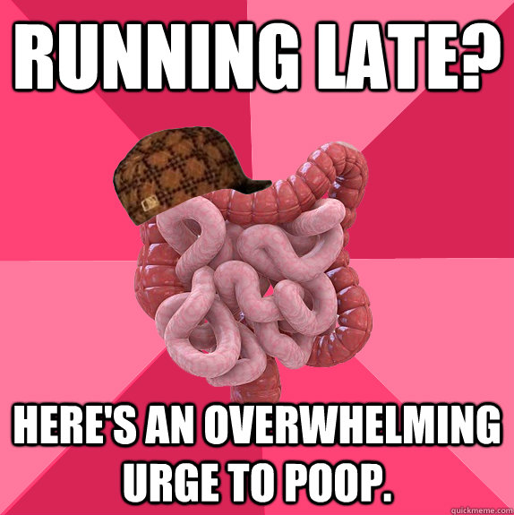 Running Late? Here's an overwhelming urge to poop.   Scumbag Intestines