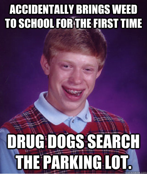 Accidentally brings weed to school for the first time Drug dogs search the parking lot.  Bad Luck Brian