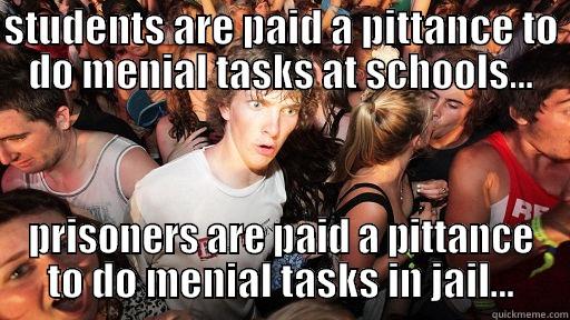 STUDENTS ARE PAID A PITTANCE TO DO MENIAL TASKS AT SCHOOLS... PRISONERS ARE PAID A PITTANCE TO DO MENIAL TASKS IN JAIL... Sudden Clarity Clarence