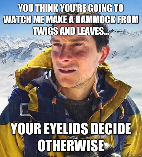 You think you're going to watch me make a hammock from twigs and leaves... Your eyelids decide otherwise  Bear Grylls