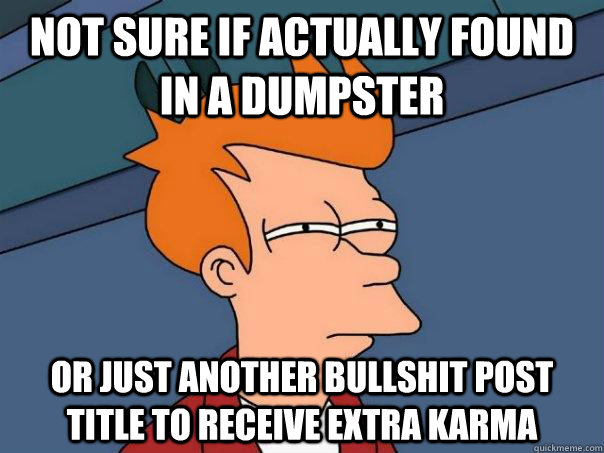 Not sure if actually found in a dumpster or just another bullshit post title to receive extra karma - Not sure if actually found in a dumpster or just another bullshit post title to receive extra karma  Futurama Fry