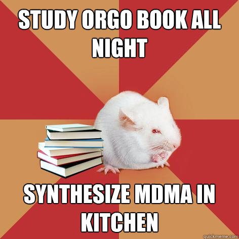 study orgo book all night synthesize mdma in kitchen  Science Major Mouse