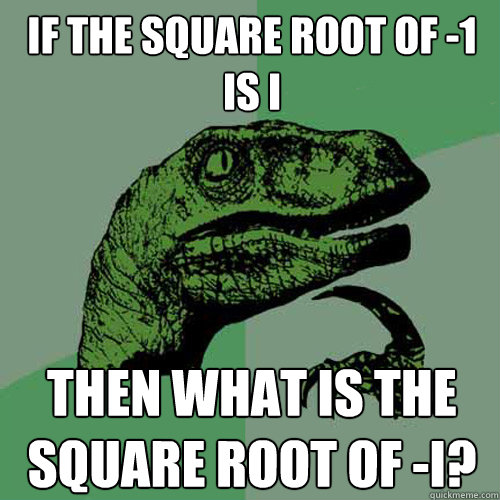 IF THE SQUARE ROOT OF -1 IS I THEN WHAT IS THE SQUARE ROOT OF -I? - IF THE SQUARE ROOT OF -1 IS I THEN WHAT IS THE SQUARE ROOT OF -I?  Philosoraptor