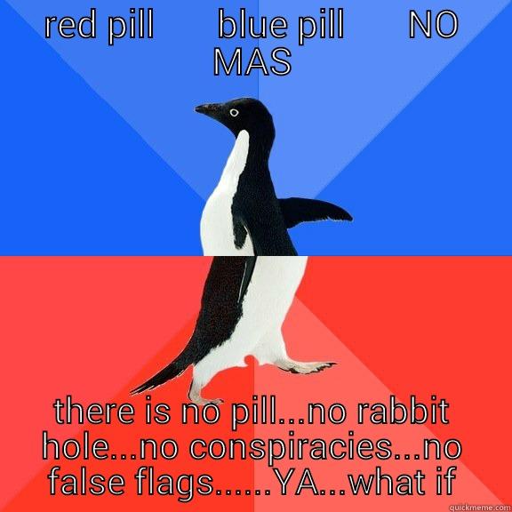 RED PILL       BLUE PILL       NO MAS THERE IS NO PILL...NO RABBIT HOLE...NO CONSPIRACIES...NO FALSE FLAGS......YA...WHAT IF Socially Awkward Awesome Penguin