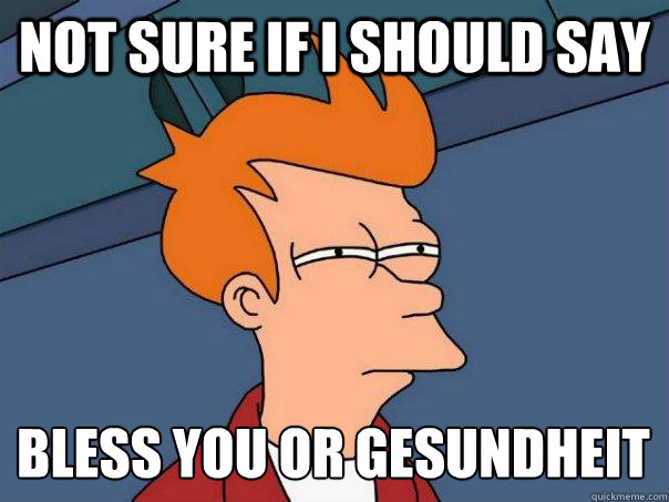 Not sure if I should say Bless you or gesundheit
 - Not sure if I should say Bless you or gesundheit
  Futurama Fry