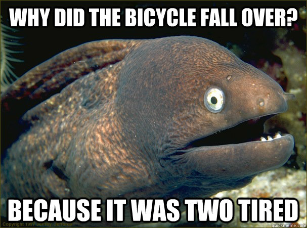 why did the bicycle fall over? because it was two tired - why did the bicycle fall over? because it was two tired  Bad Joke Eel