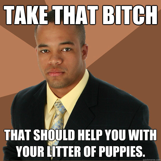 Take that Bitch that should help you with your litter of puppies.  Successful Black Man