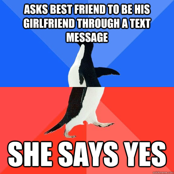 asks best friend to be his girlfriend through a text message she says yes  Socially Awkward Awesome Penguin