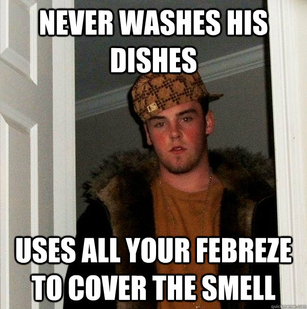 Never washes his dishes Uses all your Febreze to cover the smell - Never washes his dishes Uses all your Febreze to cover the smell  Scumbag Steve