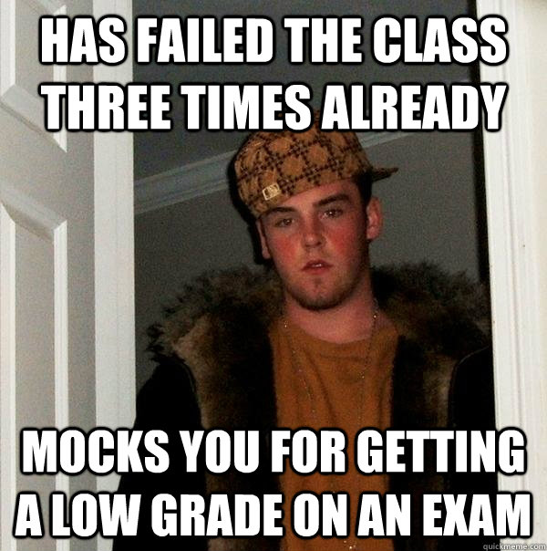 HAs failed the class three times already Mocks you for getting a low grade on an exam  Scumbag Steve