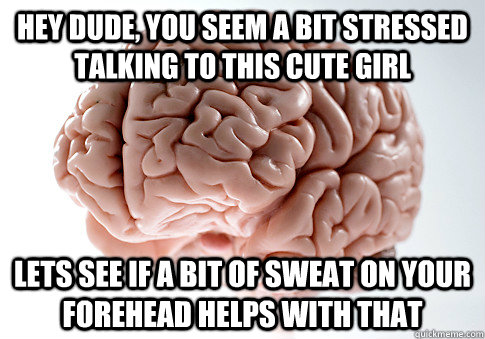 Hey dude, you seem a bit stressed talking to this cute girl Lets see if a bit of sweat on your forehead helps with that  - Hey dude, you seem a bit stressed talking to this cute girl Lets see if a bit of sweat on your forehead helps with that   Scumbag Brain