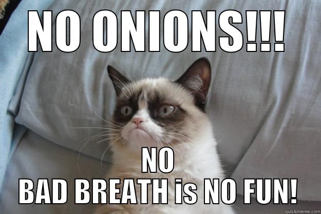 NO ONIONS!!! NO BAD BREATH IS NO FUN! Grumpy Cat