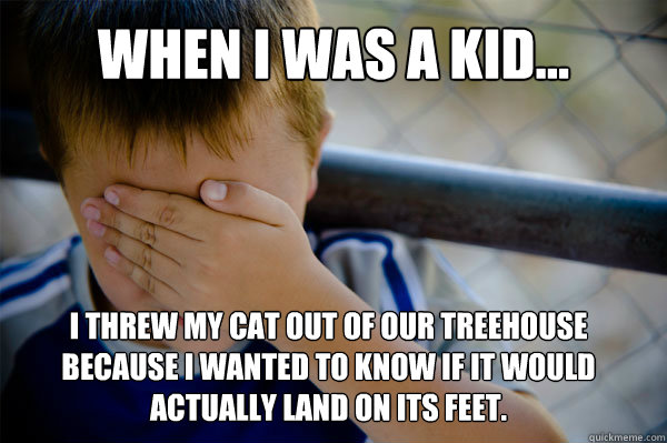 WHEN I WAS A KID... I threw my cat out of our treehouse because I wanted to know if it would actually land on its feet.  Confession kid