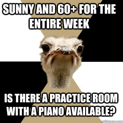 Sunny and 60+ for the entire week Is there a practice room with a piano available?  