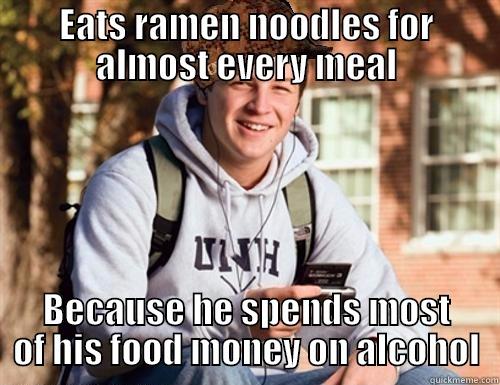 Why I'm broke and hungry - EATS RAMEN NOODLES FOR ALMOST EVERY MEAL BECAUSE HE SPENDS MOST OF HIS FOOD MONEY ON ALCOHOL College Freshman