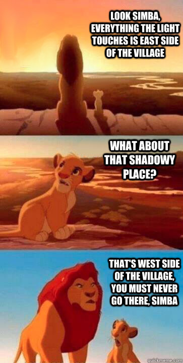 look simba, everything the light touches is East Side of the Village what about that shadowy place? that's West Side of the Village, you must never go there, simba - look simba, everything the light touches is East Side of the Village what about that shadowy place? that's West Side of the Village, you must never go there, simba  SIMBA