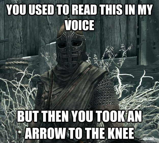 You used to read this in my voice But then you took an arrow to the knee - You used to read this in my voice But then you took an arrow to the knee  Skyrim Guard