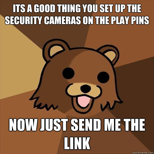 its a good thing you set up the security cameras on the play pins now just send me the link - its a good thing you set up the security cameras on the play pins now just send me the link  Pedobear