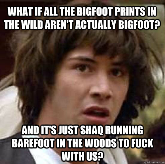 What if all the Bigfoot prints in the wild aren't actually Bigfoot? and it's just Shaq running barefoot in the woods to fuck with us?  conspiracy keanu