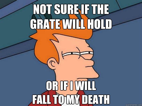 Not sure if the
grate will hold Or if I will 
fall to my death  Futurama Fry