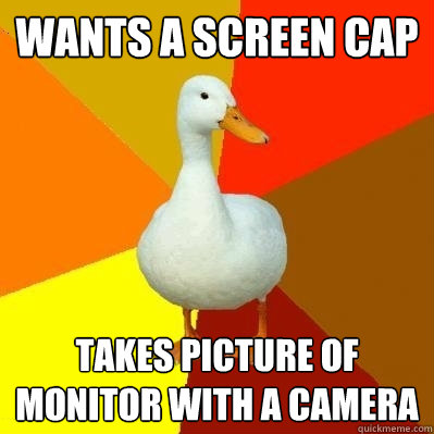 wants a screen cap takes picture of monitor with a camera  Tech Impaired Duck