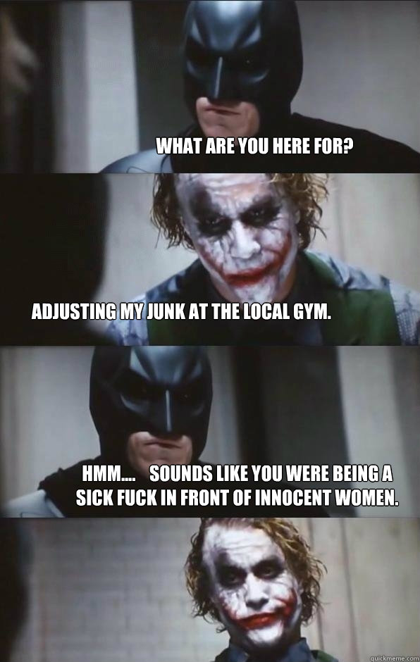 What are you here for? Adjusting my junk at the local gym. hmm....    sounds like you were being a sick fuck in front of innocent women.  Batman Panel