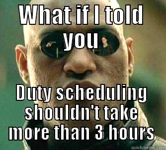 Duty Scheduling - WHAT IF I TOLD YOU DUTY SCHEDULING SHOULDN'T TAKE MORE THAN 3 HOURS Matrix Morpheus