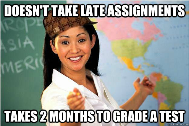 Doesn't take late assignments Takes 2 months to grade a test  Scumbag Teacher