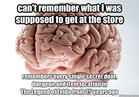 can't remember what I was supposed to get at the store remembers every single secret door,
dungeon and item location in
The Legend of Zelda from 25 years ago  Scumbag Brain