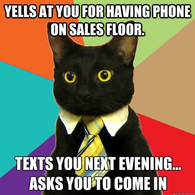 Yells at you for having phone on sales floor. Texts you next evening... asks you to come in  Business Cat