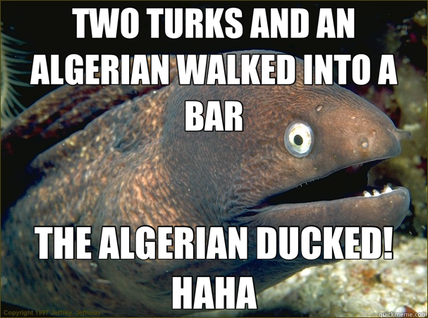 TWO TURKS AND AN ALGERIAN WALKED INTO A BAR THE ALGERIAN DUCKED! HAHA - TWO TURKS AND AN ALGERIAN WALKED INTO A BAR THE ALGERIAN DUCKED! HAHA  Bad Joke Eel