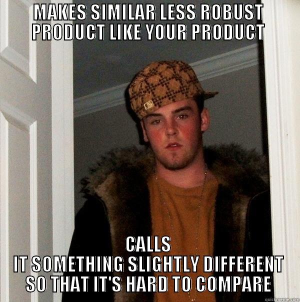 MAKES SIMILAR LESS ROBUST PRODUCT LIKE YOUR PRODUCT CALLS IT SOMETHING SLIGHTLY DIFFERENT SO THAT IT'S HARD TO COMPARE Scumbag Steve