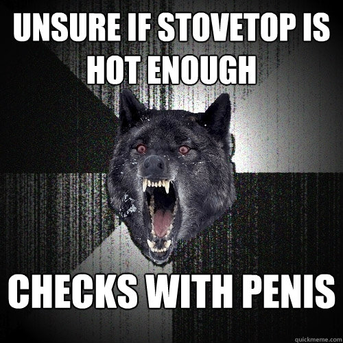 Unsure if stovetop is hot enough checks with penis  Insanity Wolf