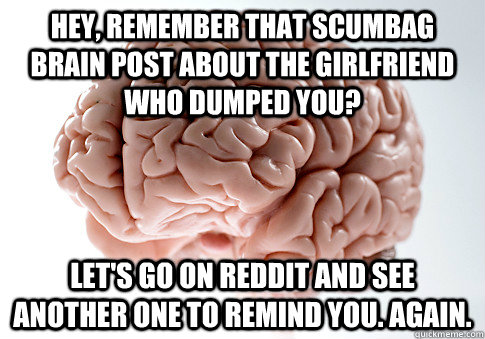 Hey, remember that scumbag brain post about the girlfriend who dumped you? let's go on reddit and see another one to remind you. again.  Scumbag Brain