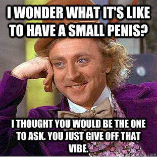 I wonder what it's like to have a small penis? I thought you would be the one to ask. You just give off that vibe. - I wonder what it's like to have a small penis? I thought you would be the one to ask. You just give off that vibe.  Condescending Wonka