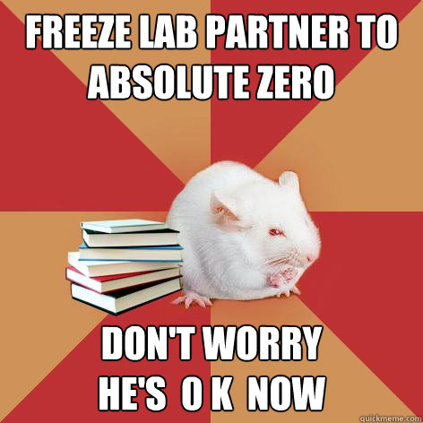 Freeze lab partner to absolute zero don't worry
he's  0 k  now - Freeze lab partner to absolute zero don't worry
he's  0 k  now  Science Major Mouse