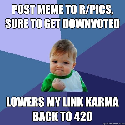 post meme to r/pics, sure to get downvoted lowers my link karma back to 420 - post meme to r/pics, sure to get downvoted lowers my link karma back to 420  Success Kid