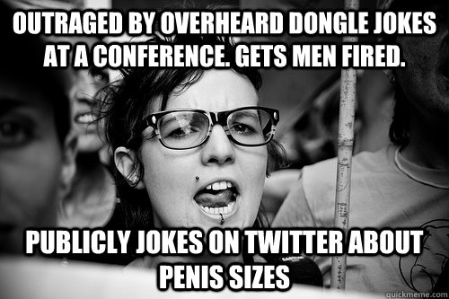 Outraged by overheard dongle jokes at a conference. gets men fired. Publicly jokes on twitter about penis sizes  Hypocrite Feminist