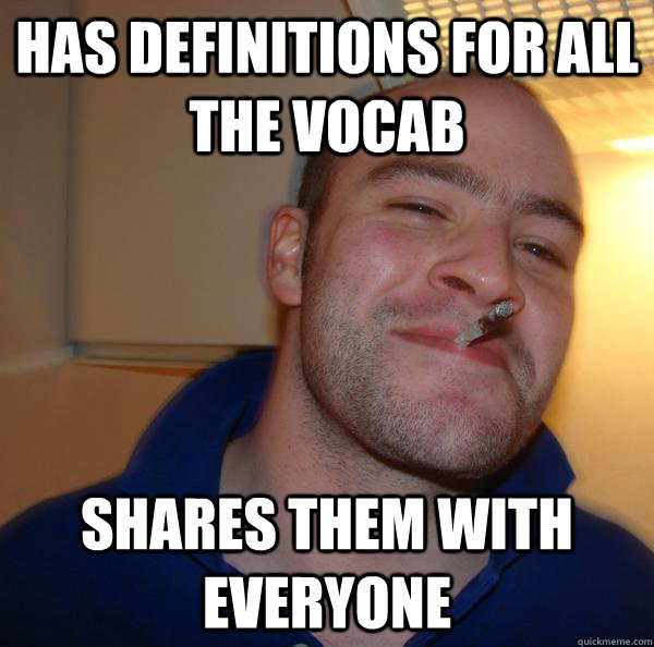 Has definitions for all the vocab shares them with everyone - Has definitions for all the vocab shares them with everyone  Misc