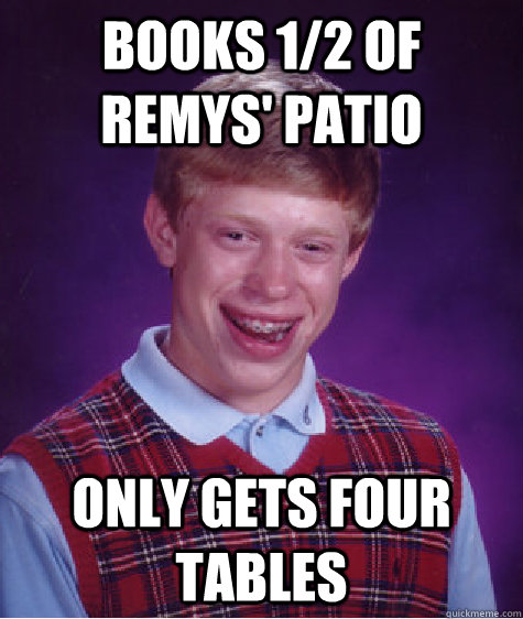 Books 1/2 of Remys' Patio Only gets four tables  Bad Luck Brian