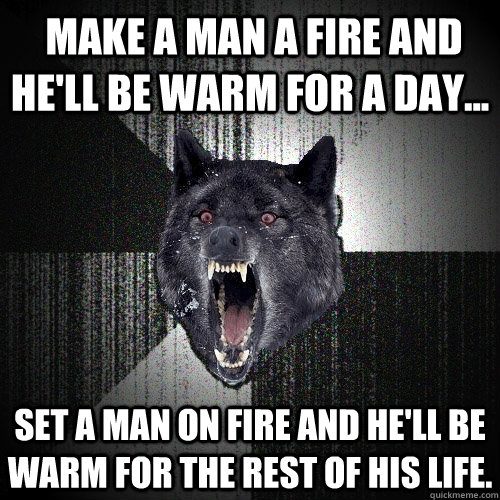  make a man a fire and he'll be warm for a day...  set a man on fire and he'll be warm for the rest of his life.  Insanity Wolf