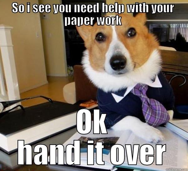 SO I SEE YOU NEED HELP WITH YOUR PAPER WORK OK HAND IT OVER Lawyer Dog