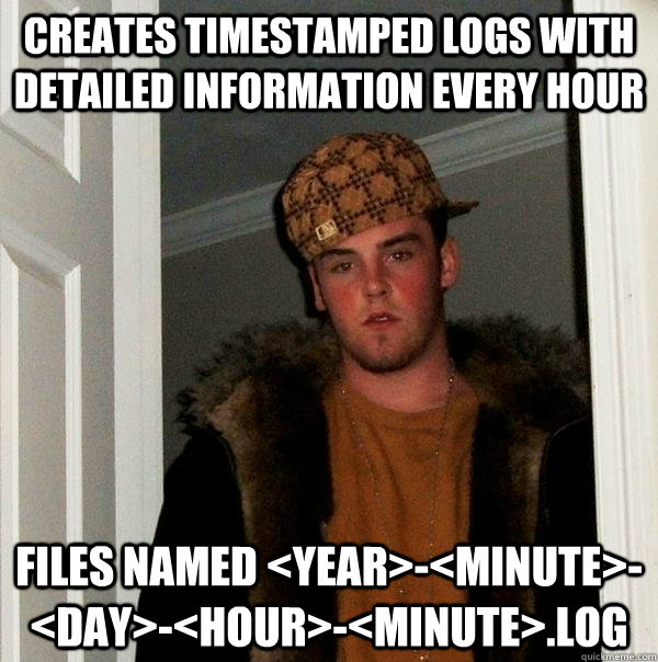 Creates timestamped logs with detailed information every hour Files named <year>-<minute>-<day>-<hour>-<minute>.log  Scumbag Steve