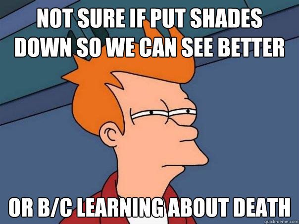 Not sure if put shades down so we can see better Or b/c learning about death  Futurama Fry