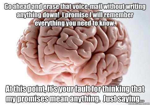 Go ahead and erase that voice-mail without writing anything down!  I promise I will remember everything you need to know. At this point, it's your fault for thinking that my promises mean anything.  Just saying...   Scumbag Brain